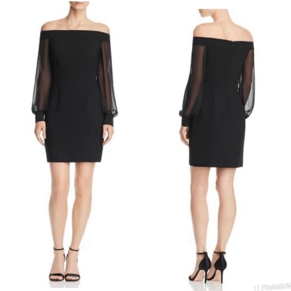 Aidan Mattox Black Off the Shoulder Long Sleeve Mesh dress